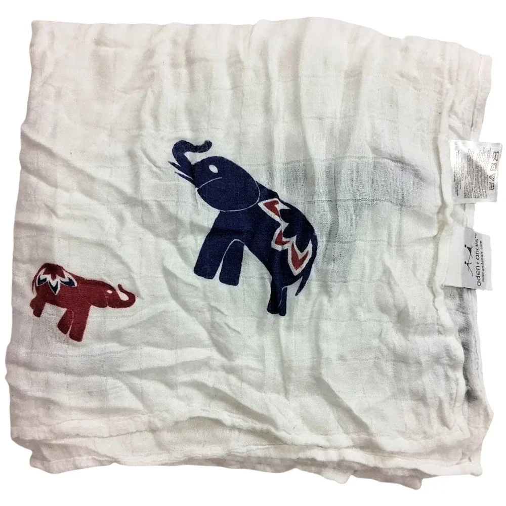 Aden + Anais Bamboo Elephant Baby Swaddle‎ Blanket Rayon Blue Red htf Unisex EUC